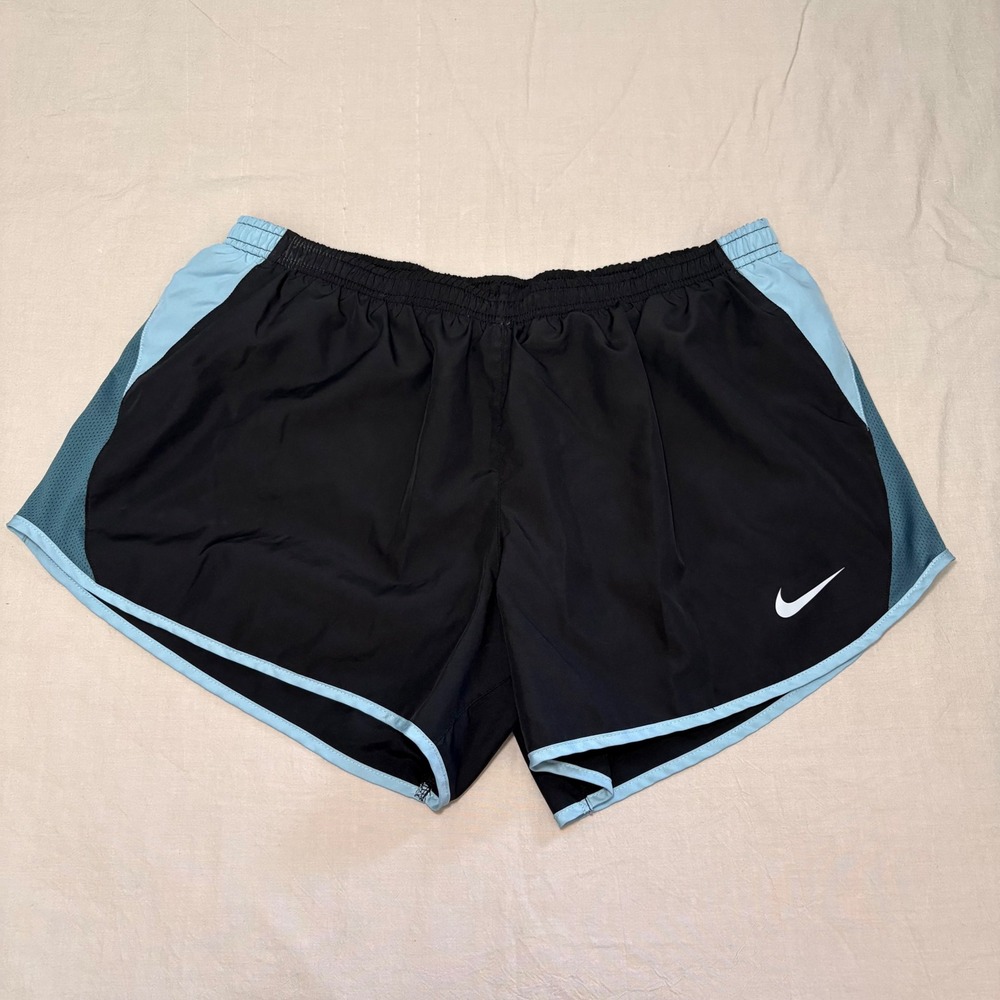 Nike‎ Dri-FIT Womens XL Running Shorts Black Light Blue Mesh Athletic Workout